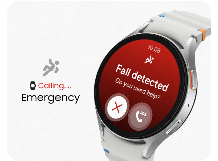 A Galaxy Watch7 displaying Fall detection screen with a text 'Fall detected' and a cancel button and a SOS call button. A text 'Calling... Emergency' is shown next to it, indicating that an emergency call is in progress.